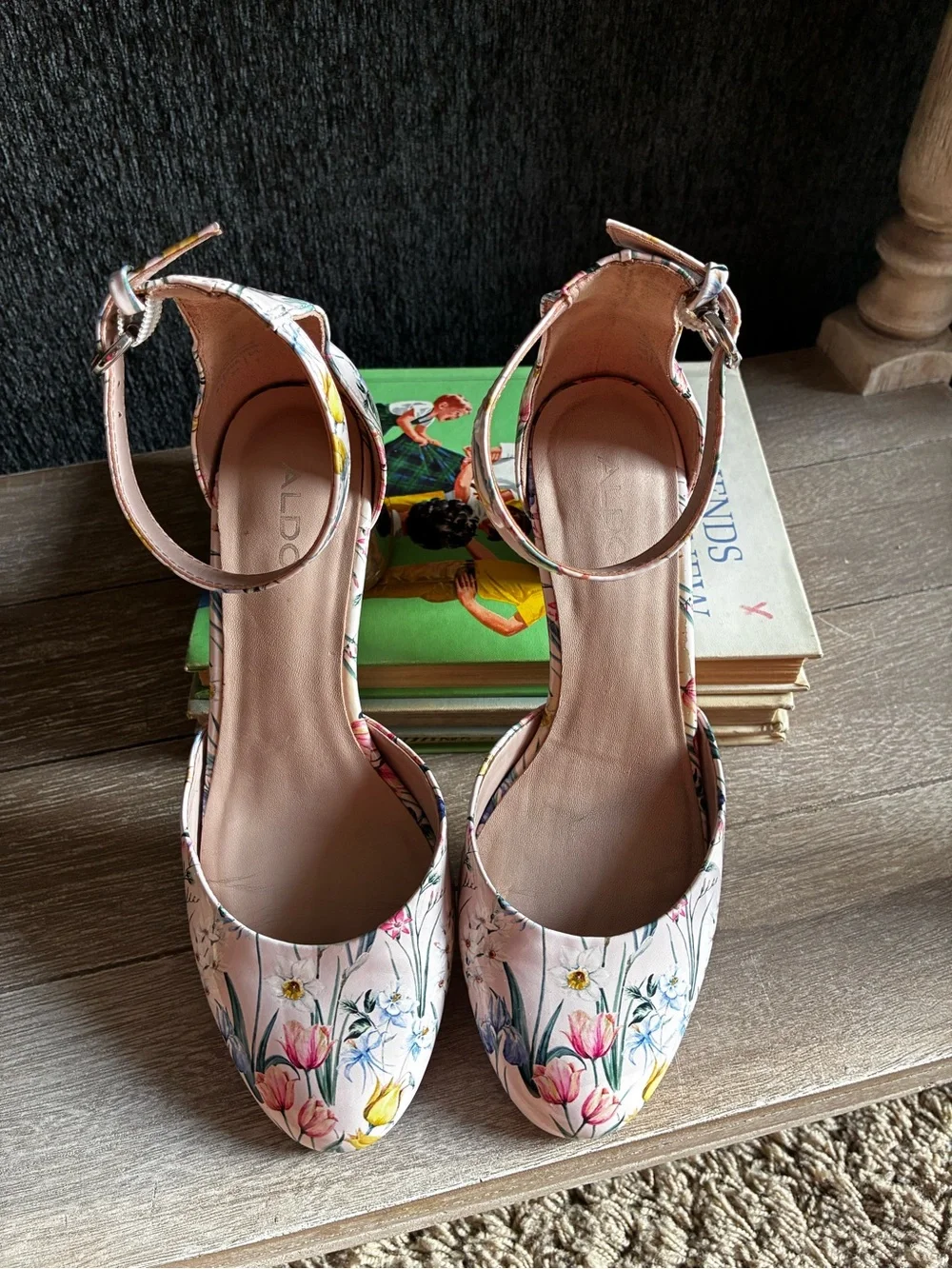 ALDO Floral Pink Ankle-Strap Block Mirrored Heel Pumps